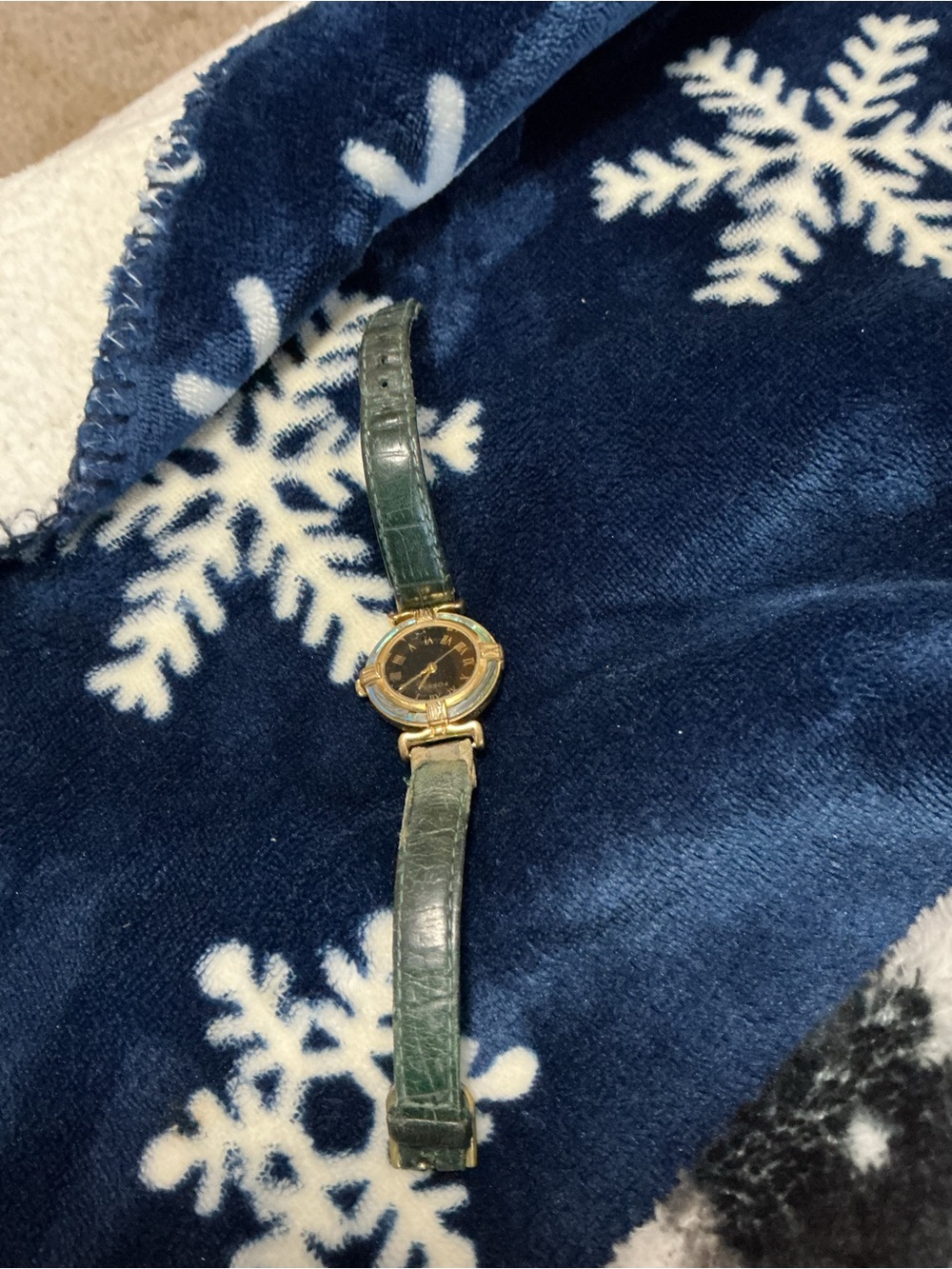 Fossil ES-8575 Vintage Womens Watch Gold Tone Black Dial Green Leather Untested